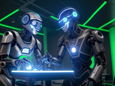 Visão futurista de robôs interagindo com estudantes em um curso online de robótica, promovendo inovação e desenvolvimento de carreira.