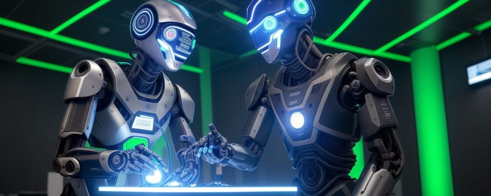 Visão futurista de robôs interagindo com estudantes em um curso online de robótica, promovendo inovação e desenvolvimento de carreira.