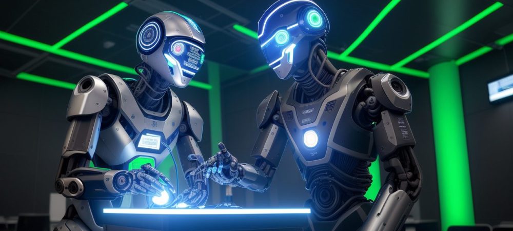 Visão futurista de robôs interagindo com estudantes em um curso online de robótica, promovendo inovação e desenvolvimento de carreira.