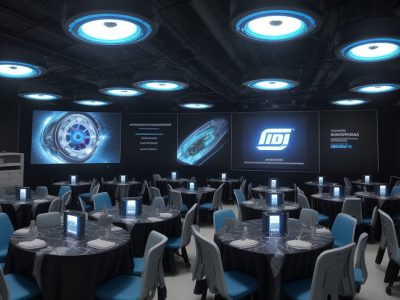 Um robô interagindo com servidores públicos em um ambiente de treinamento de robótica industrial, com o curso online de robótica em destaque