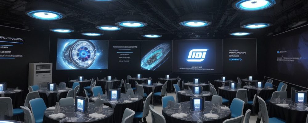 Um robô interagindo com servidores públicos em um ambiente de treinamento de robótica industrial, com o curso online de robótica em destaque