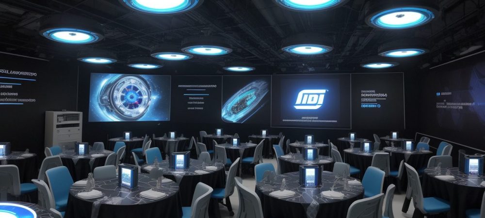 Robótica e Servidores Públicos: Curso Online e Inovação Um robô interagindo com servidores públicos em um ambiente de treinamento de robótica industrial, com o curso online de robótica em destaque