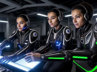 Servidores públicos aprendendo robótica em um curso online, com robôs em ação e um ambiente de trabalho moderno e tecnológico.