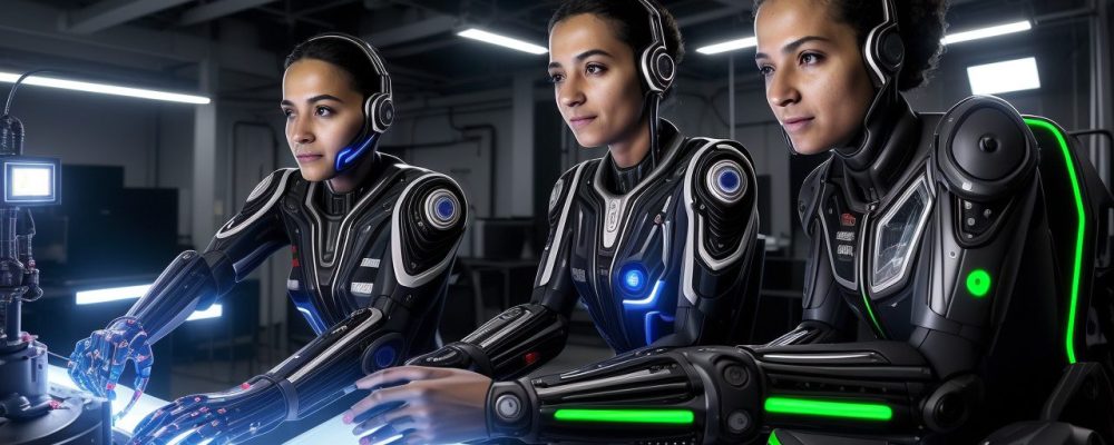 Servidores públicos aprendendo robótica em um curso online, com robôs em ação e um ambiente de trabalho moderno e tecnológico.