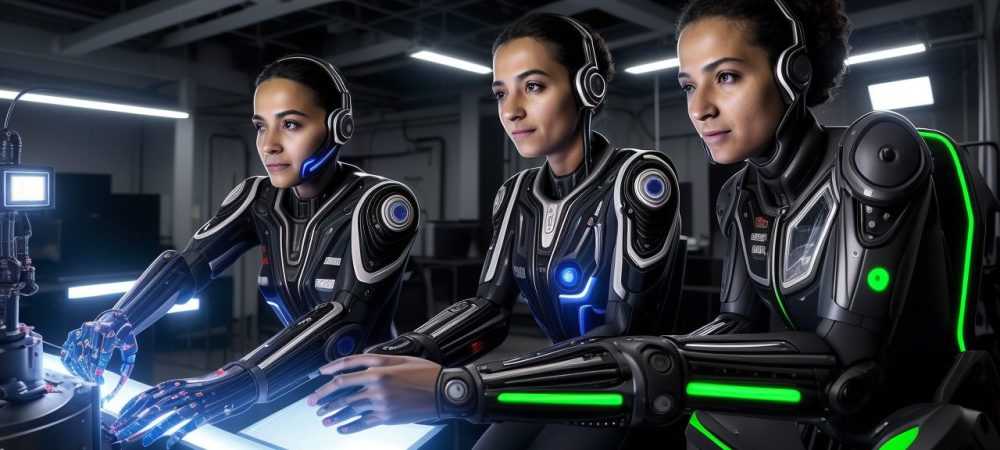 Servidores públicos aprendendo robótica em um curso online, com robôs em ação e um ambiente de trabalho moderno e tecnológico.