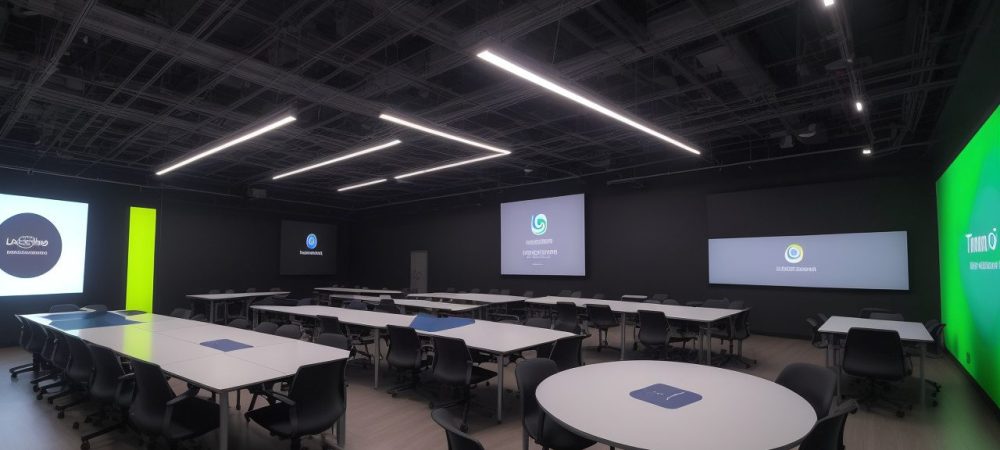 Alunos trabalhando em projetos STEAM em uma sala de aula moderna e inspiradora, com recursos e tecnologias inovadoras.