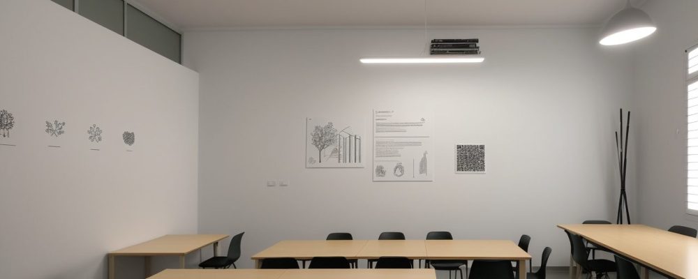 Ilustração de sala de aula invertida com alunos interagindo e o professor facilitando o aprendizado.