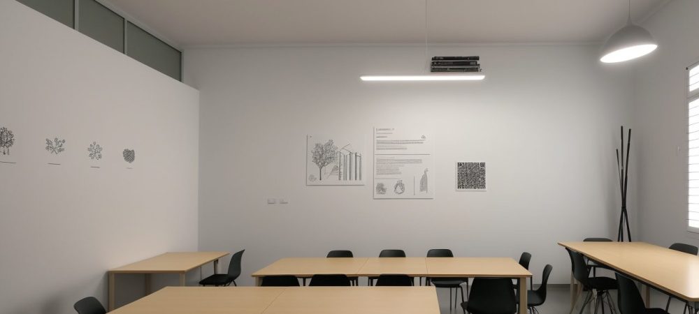 Ilustração de sala de aula invertida com alunos interagindo e o professor facilitando o aprendizado.
