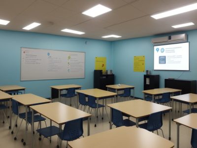 Alunos participando ativamente em uma sala de aula invertida, com foco em atividades práticas e colaboração.