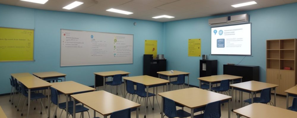 Alunos participando ativamente em uma sala de aula invertida, com foco em atividades práticas e colaboração.