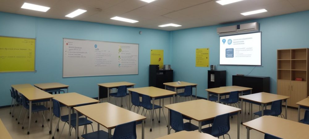 Alunos participando ativamente em uma sala de aula invertida, com foco em atividades práticas e colaboração.