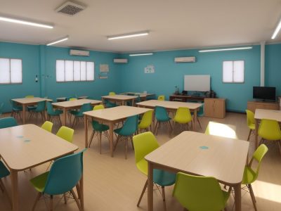 Alunos engajados em sala de aula invertida, com uso de tecnologia e colaboração.