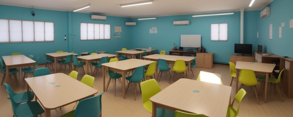 Alunos engajados em sala de aula invertida, com uso de tecnologia e colaboração.