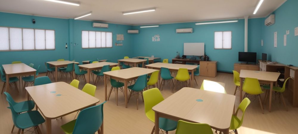 Alunos engajados em sala de aula invertida, com uso de tecnologia e colaboração.