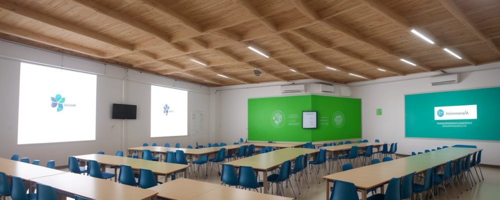 Professor orientando alunos em sala de aula invertida, com recursos digitais e projetos colaborativos, promovendo metodologias ativas de ensino.
