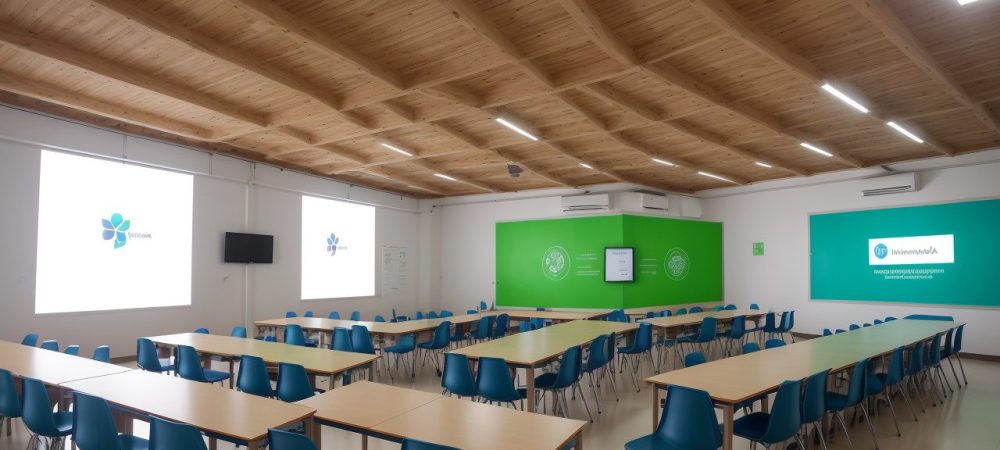 Professor orientando alunos em sala de aula invertida, com recursos digitais e projetos colaborativos, promovendo metodologias ativas de ensino.