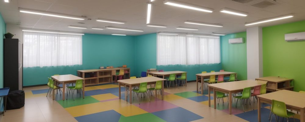 Uma sala de recursos multifuncionais vibrante com materiais educativos, tecnologias assistivas e alunos envolvidos em atividades inclusivas, promovendo a inclusão escolar e o AEE.