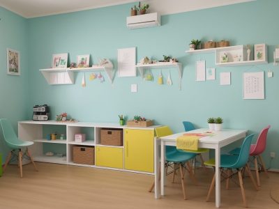 Sala de recursos multifuncionais vibrante com materiais educativos e tecnologias assistivas para AEE, promovendo inclusão escolar.