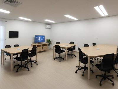 Imagem de sala de recursos multifuncional com tecnologias assistivas e atividades para alunos com deficiência, promovendo a inclusão escolar.