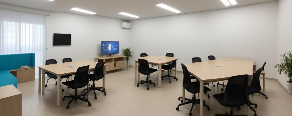 Imagem de sala de recursos multifuncional com tecnologias assistivas e atividades para alunos com deficiência, promovendo a inclusão escolar.