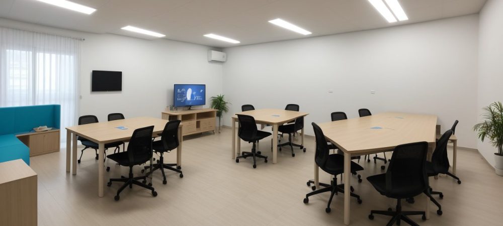 Imagem de sala de recursos multifuncional com tecnologias assistivas e atividades para alunos com deficiência, promovendo a inclusão escolar.