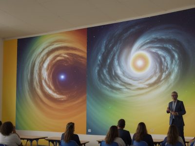 Imagem de um(a) professor(a) sorrindo em uma sala de aula, com símbolos de bem-estar e estratégias para saúde mental. Foco em saúde emocional do educador e burnout.