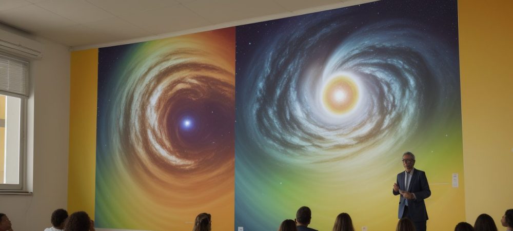 Imagem de um(a) professor(a) sorrindo em uma sala de aula, com símbolos de bem-estar e estratégias para saúde mental. Foco em saúde emocional do educador e burnout.