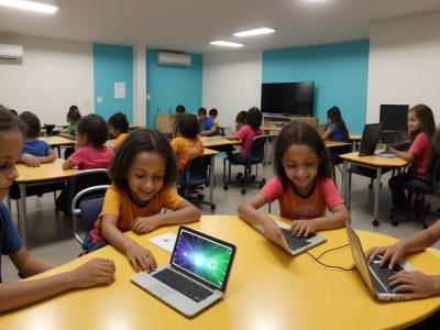 Crianças aprendendo programação Scratch online em sala de aula, criando jogos e animações interativas para atividades escolares.