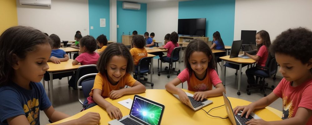 Crianças aprendendo programação Scratch online em sala de aula, criando jogos e animações interativas para atividades escolares.