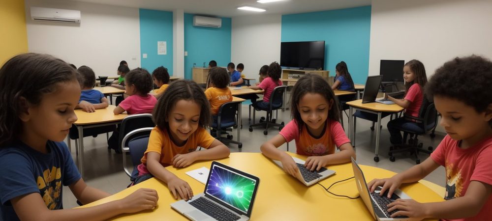 Scratch Online: Crianças Aprendendo Programação e Criatividade Crianças aprendendo programação Scratch online em sala de aula, criando jogos e animações interativas para atividades escolares.
