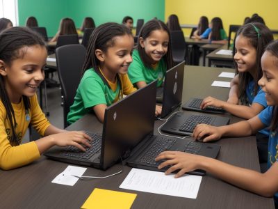 Alunos trabalhando em projetos Scratch interativos, mostrando programação e criatividade em sala de aula.