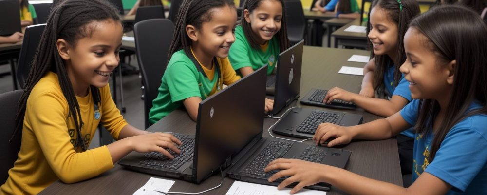 Alunos trabalhando em projetos Scratch interativos, mostrando programação e criatividade em sala de aula.
