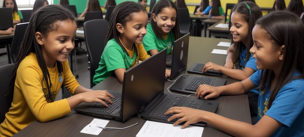 Scratch para Educadores: Engajando Alunos com Projetos Criativos Alunos trabalhando em projetos Scratch interativos, mostrando programação e criatividade em sala de aula.