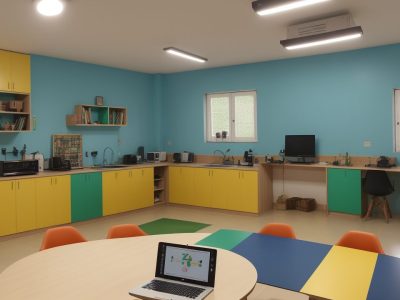 Professor e alunos usando Scratch em sala de aula, criando jogos e animações interativas.