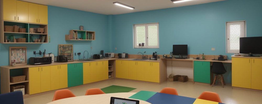 Professor e alunos usando Scratch em sala de aula, criando jogos e animações interativas.