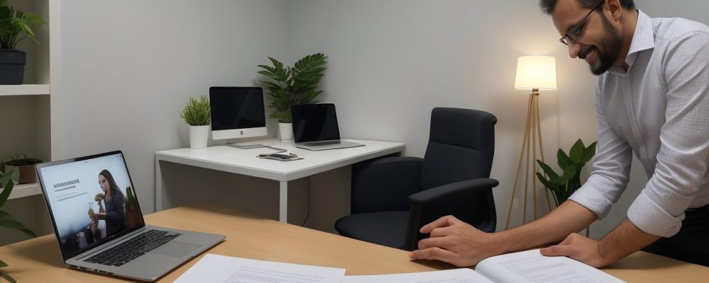 Imagem de um(a) secretário(a) executivo(a) em um ambiente de escritório moderno, demonstrando habilidades de organização e comunicação.