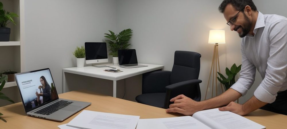 Imagem de um(a) secretário(a) executivo(a) em um ambiente de escritório moderno, demonstrando habilidades de organização e comunicação.