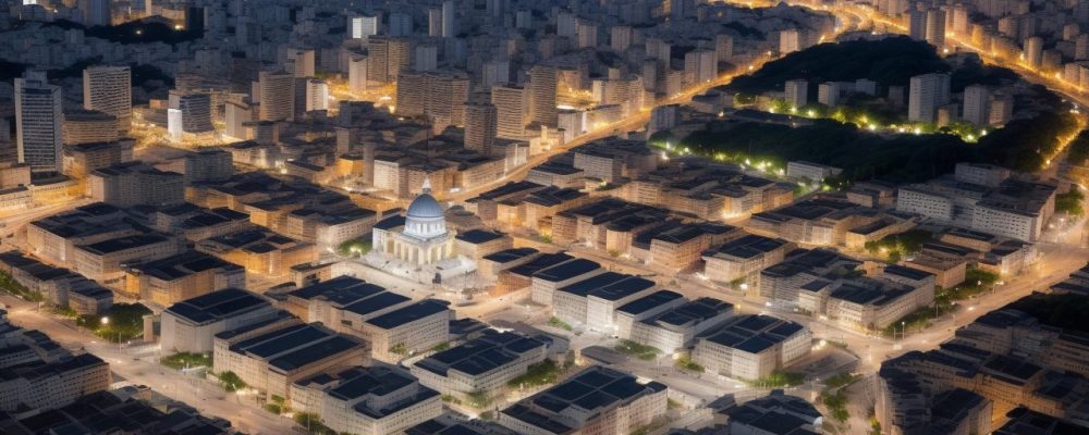 Imagem que representa segurança patrimonial com câmeras de segurança, vigilantes e comunidade protegendo bens públicos