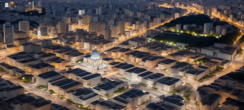 Imagem que representa segurança patrimonial com câmeras de segurança, vigilantes e comunidade protegendo bens públicos