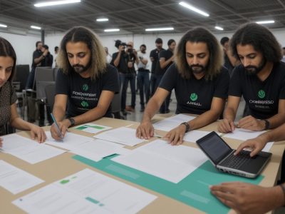 Ilustração de servidores públicos trabalhando em diferentes esferas do governo, implementando políticas públicas para beneficiar a sociedade.