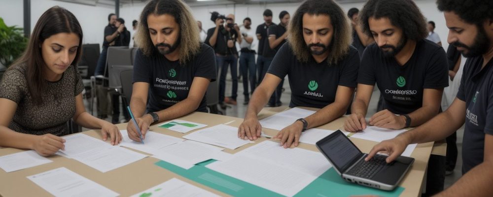 Ilustração de servidores públicos trabalhando em diferentes esferas do governo, implementando políticas públicas para beneficiar a sociedade.