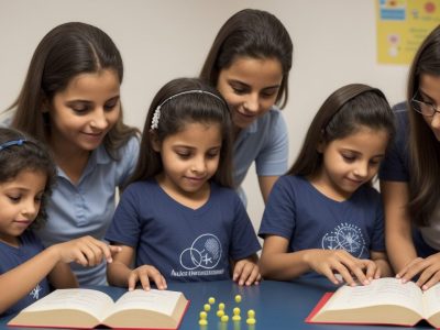 Crianças aprendendo o sistema braille em sala de aula, demonstrando inclusão e acesso ao conhecimento.