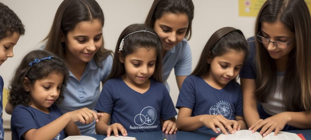 Crianças aprendendo o sistema braille em sala de aula, demonstrando inclusão e acesso ao conhecimento.