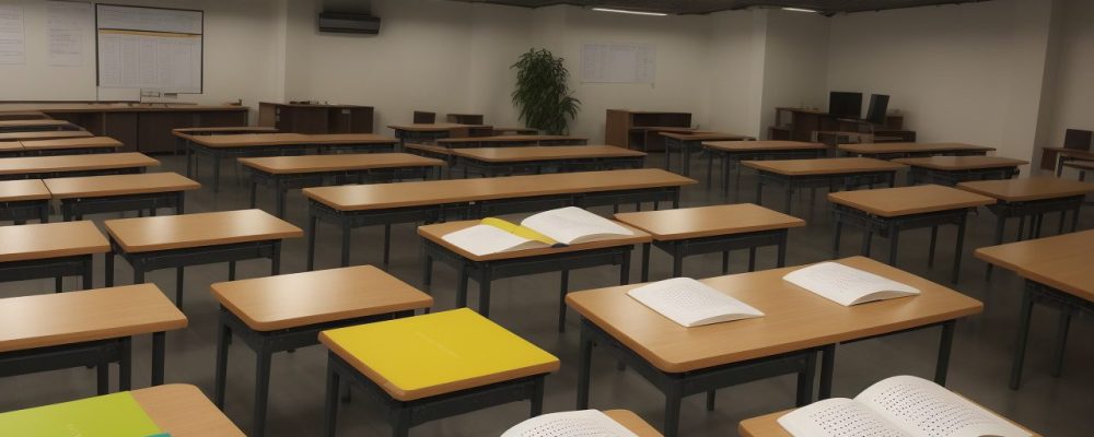 Alunos aprendendo sistema braille em sala de aula, com livros e materiais adaptados, promovendo inclusão e acessibilidade.