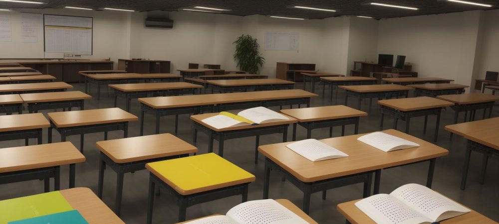 Alunos aprendendo sistema braille em sala de aula, com livros e materiais adaptados, promovendo inclusão e acessibilidade.