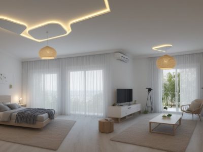 Interior de um projeto de design de interiores sendo modelado em SketchUp, mostrando renderização e detalhes