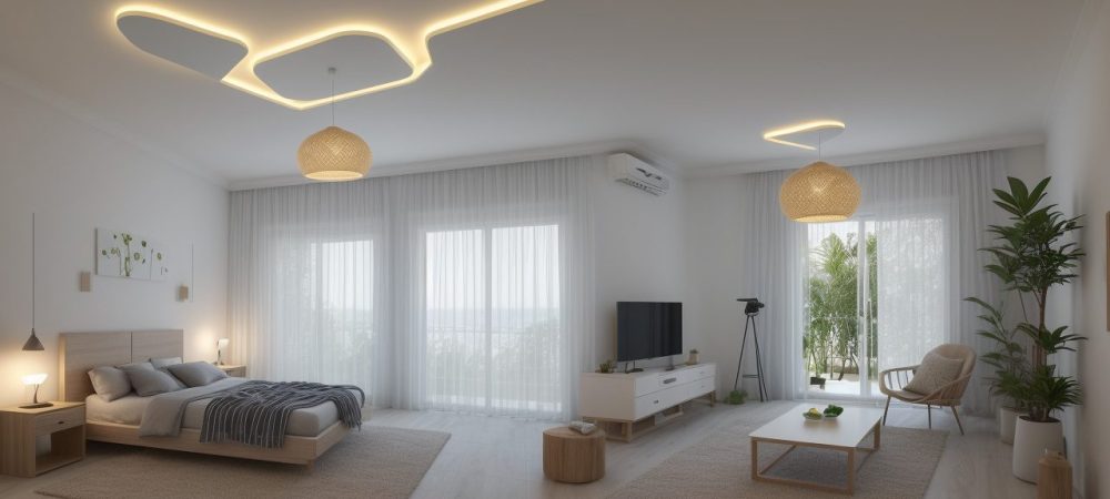 Interior de um projeto de design de interiores sendo modelado em SketchUp, mostrando renderização e detalhes