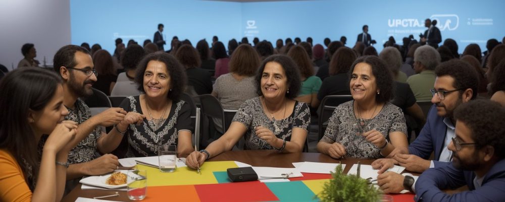 Ilustração mostrando a aplicação da sociologia política no serviço público, com pessoas interagindo e gráficos representando dados e análises.