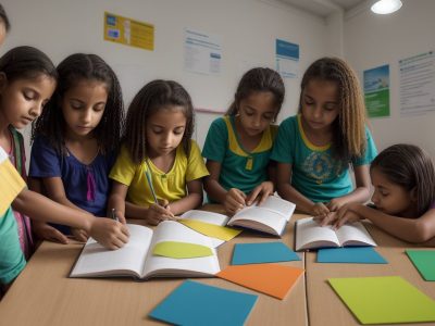 Ilustração mostrando educadores e alunos discutindo em sala de aula os princípios da sociologia da educação no Brasil, com foco em políticas educacionais e desigualdades.