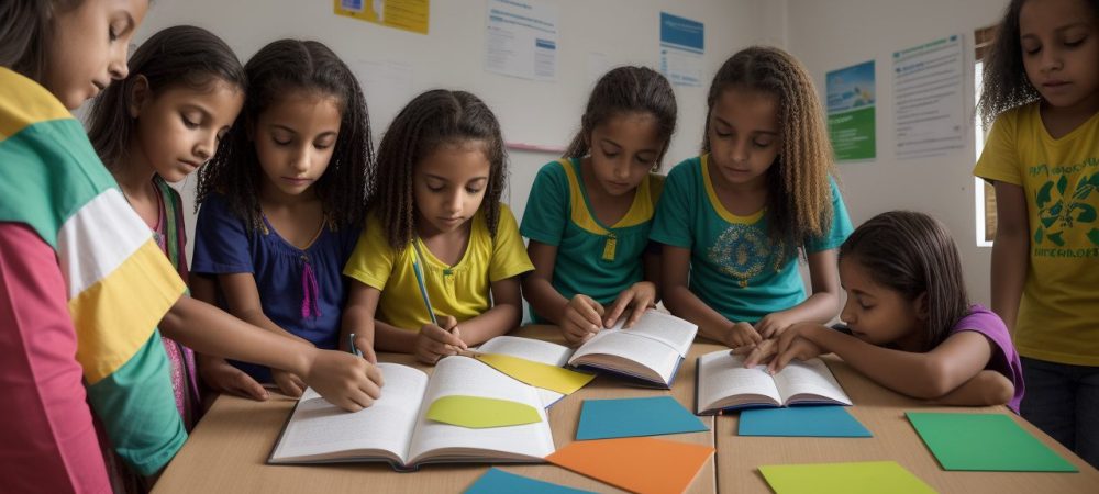 Ilustração mostrando educadores e alunos discutindo em sala de aula os princípios da sociologia da educação no Brasil, com foco em políticas educacionais e desigualdades.